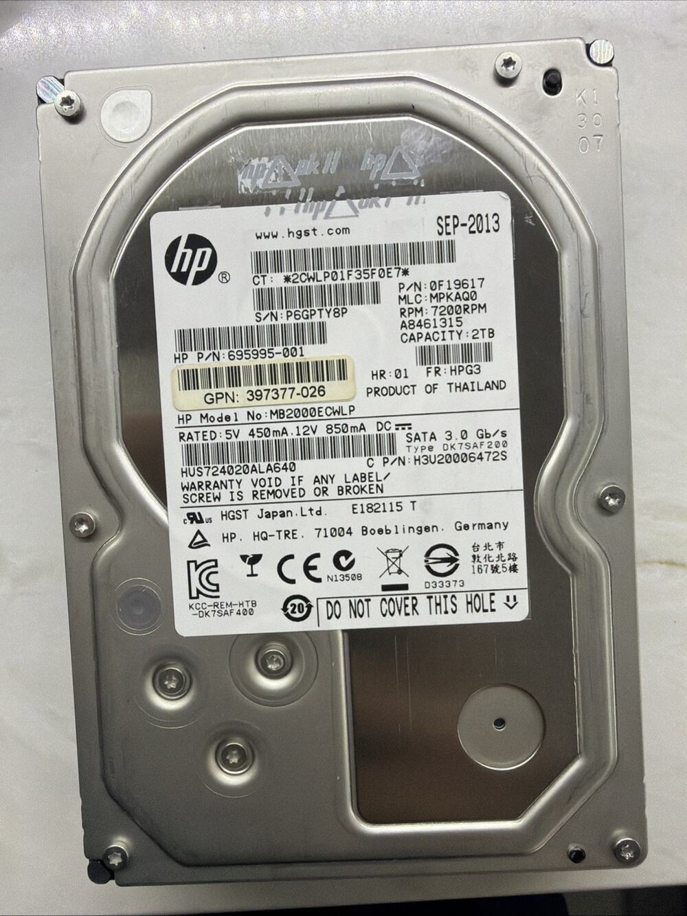 HP MB2000ECWLP 2TB 3.5" 7200RPM Hard Drive Tested Working 100% Health EUC